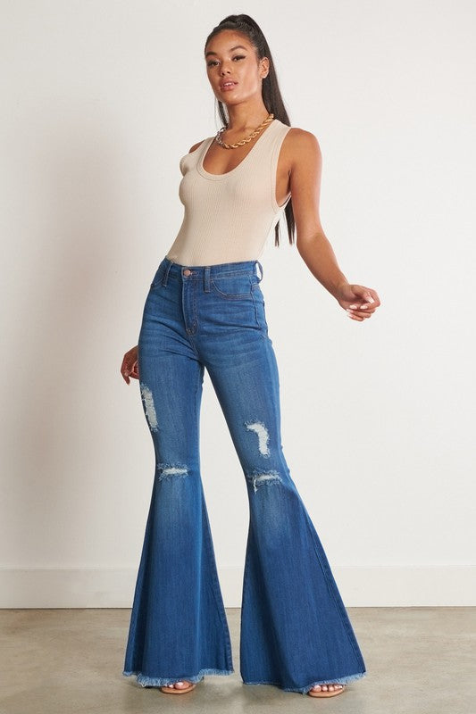 Vibrant M.I.U High-Waisted Distressed Flare Jeans