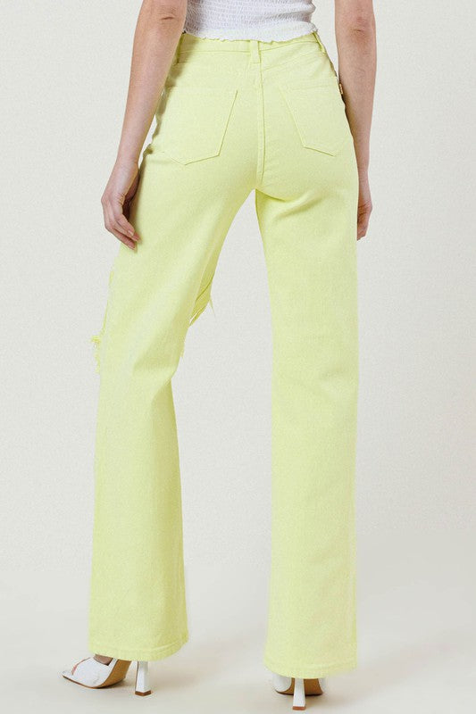 Vibrant M.I.U Lime Distressed Wide Leg Jeans