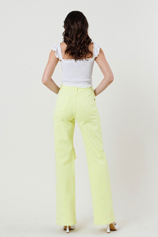 Vibrant M.I.U Lime Distressed Wide Leg Jeans