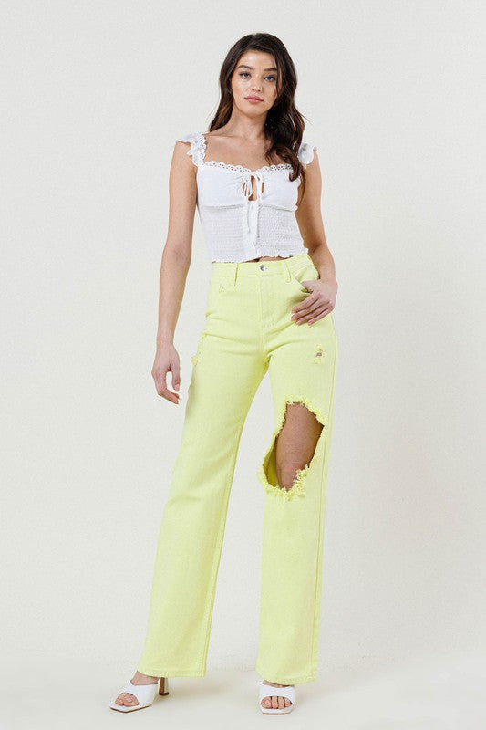 Vibrant M.I.U Lime Distressed Wide Leg Jeans