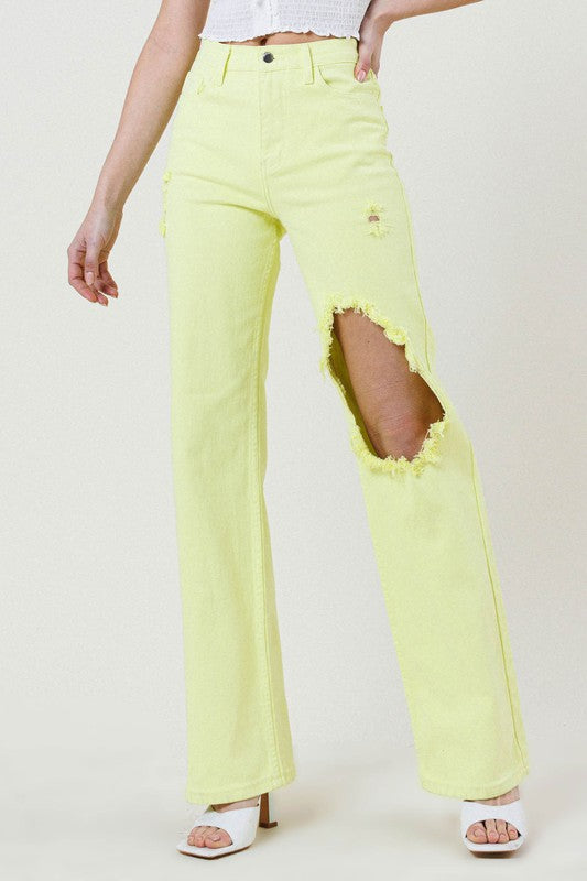 Vibrant M.I.U Lime Distressed Wide Leg Jeans