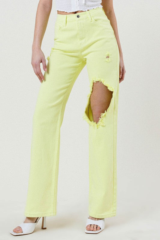 Vibrant M.I.U Lime Distressed Wide Leg Jeans