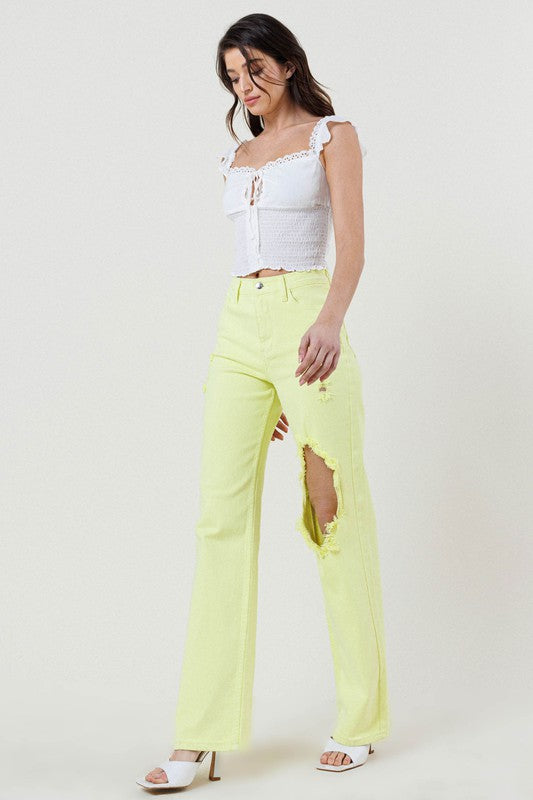 Vibrant M.I.U Lime Distressed Wide Leg Jeans