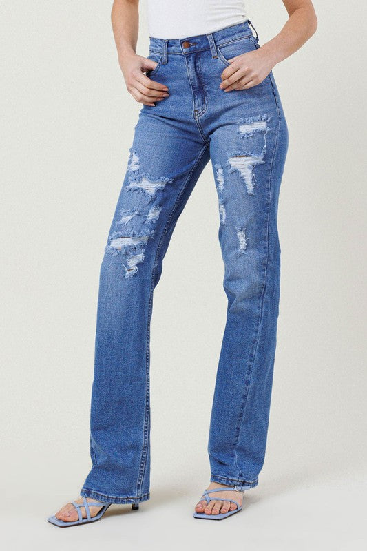 Vibrant M.I.U High Rise Distressed Straight Leg Jeans