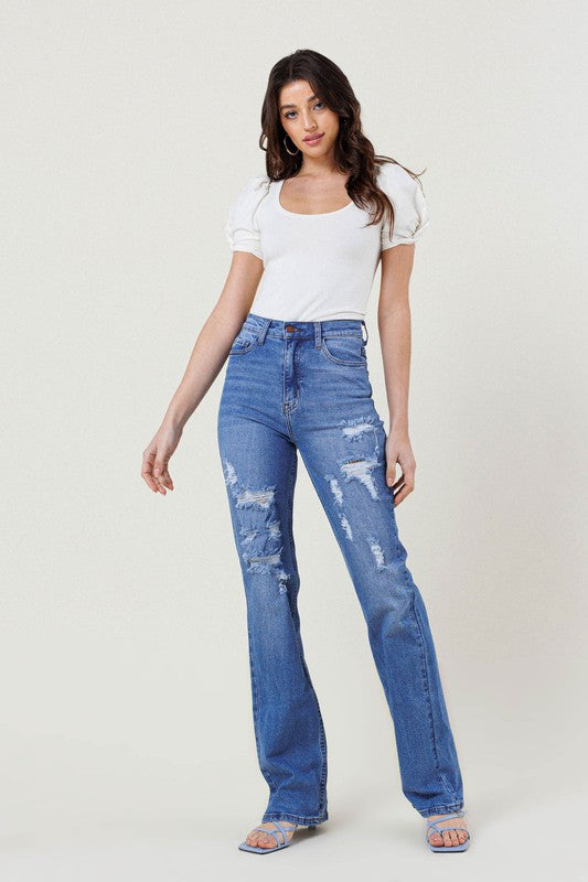 Vibrant M.I.U High Rise Distressed Straight Leg Jeans