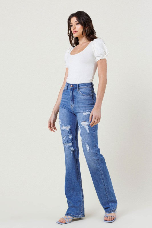 Vibrant M.I.U High Rise Distressed Straight Leg Jeans