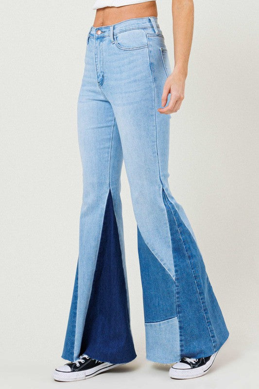 Vibrant M.I.U Color Block Side Slit Flare Jeans