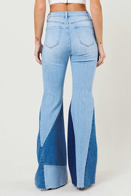 Vibrant M.I.U Color Block Side Slit Flare Jeans