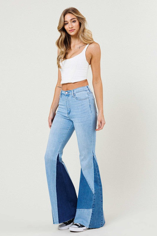 Vibrant M.I.U Color Block Side Slit Flare Jeans