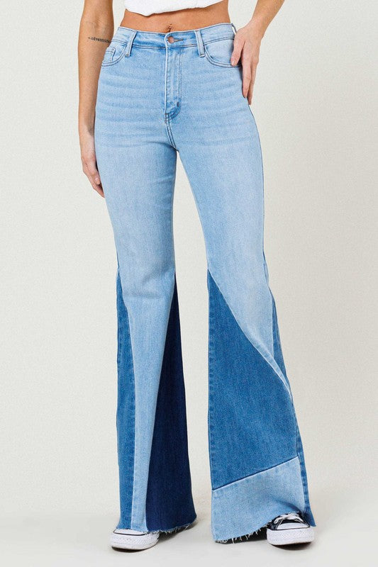 Vibrant M.I.U Color Block Side Slit Flare Jeans