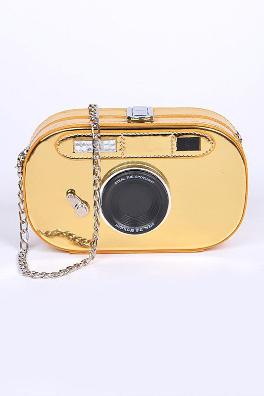 Metallic Oval Camera Iconic Swing Clutch Bag