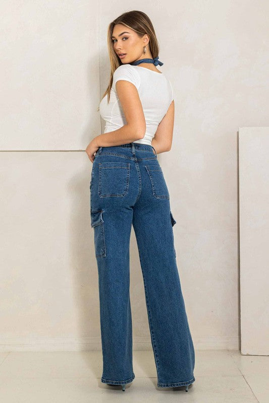 Vibrant M.I.U High Rise Crossed Waist Cargo Wide Jeans