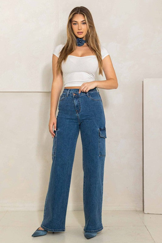 Vibrant M.I.U High Rise Crossed Waist Cargo Wide Jeans