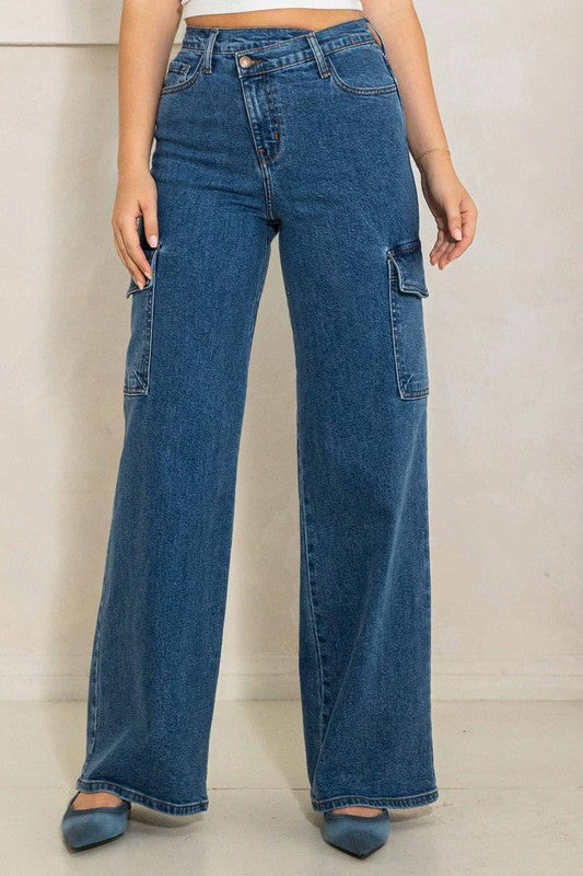 Vibrant M.I.U High Rise Crossed Waist Cargo Wide Jeans