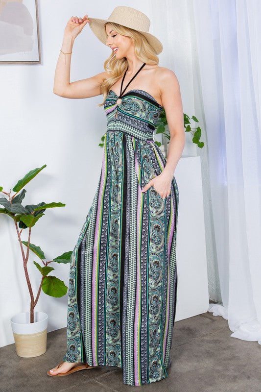 Vacay Cut Out Wide Leg Halter Jumpsuit with Pockets