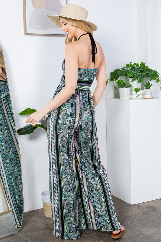 Vacay Cut Out Wide Leg Halter Jumpsuit with Pockets