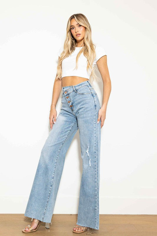 Vibrant M.I.U Criss Cross High Waisted Wide Leg Jeans