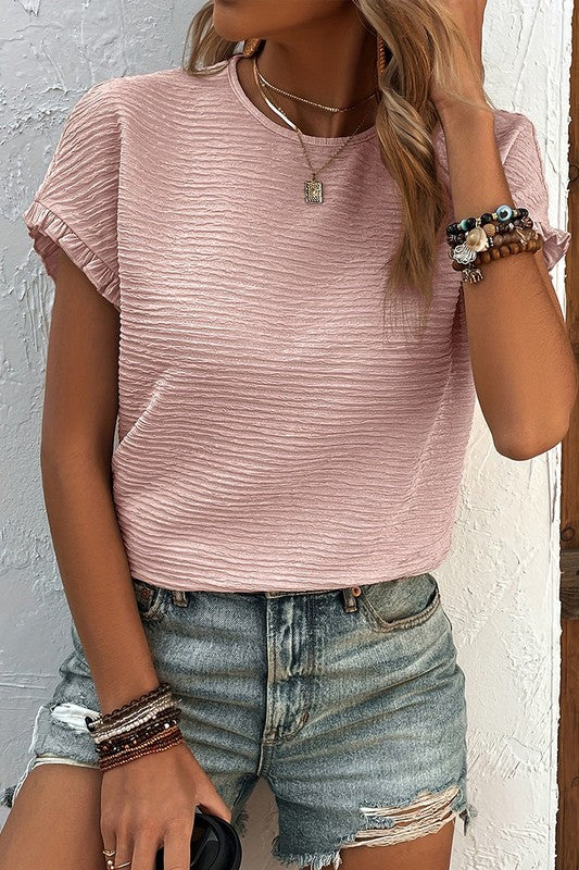 Women Solid Textured Ruffled Short Sleeve Blouse