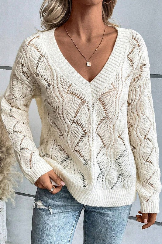 Carmen Hollow Knit V Neck Drop Shoulder Sweater