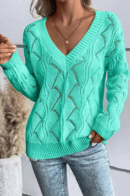 Carmen Hollow Knit V Neck Drop Shoulder Sweater