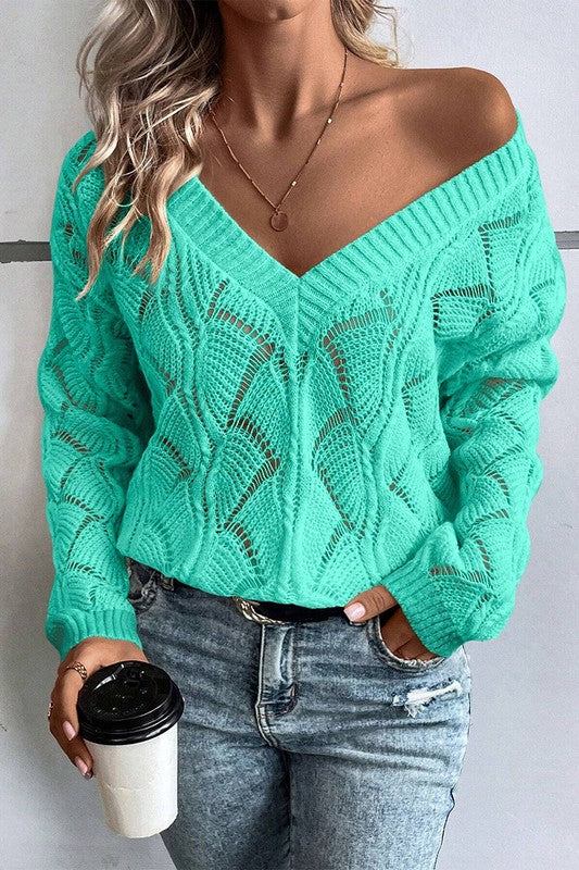 Carmen Hollow Knit V Neck Drop Shoulder Sweater