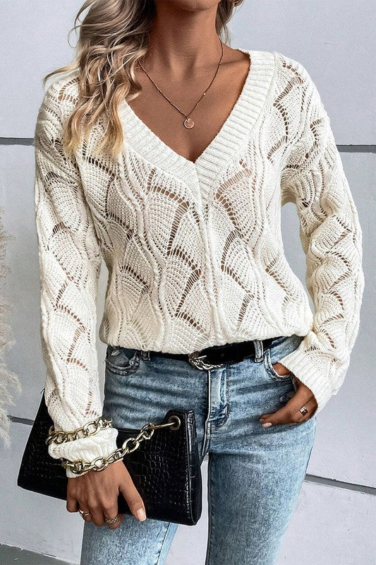 Carmen Hollow Knit V Neck Drop Shoulder Sweater