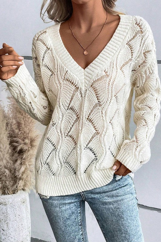 Carmen Hollow Knit V Neck Drop Shoulder Sweater