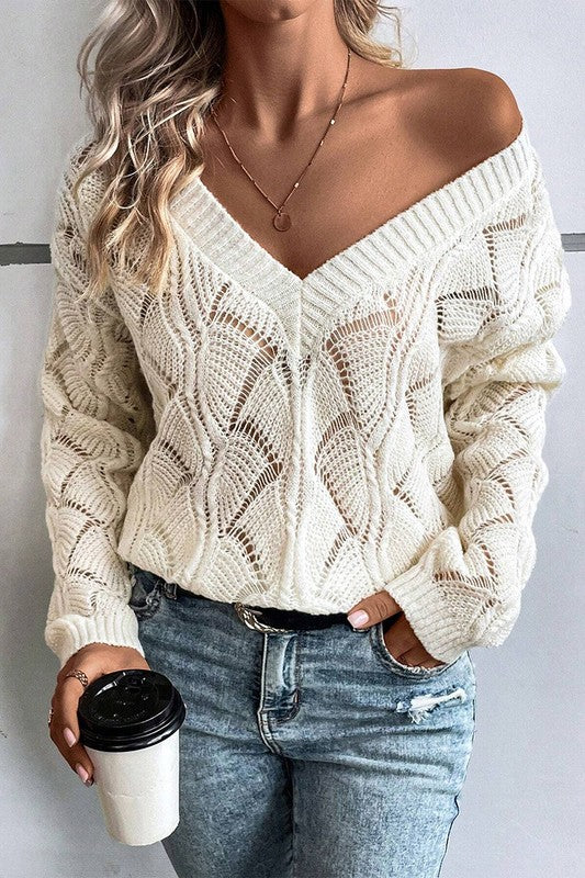 Carmen Hollow Knit V Neck Drop Shoulder Sweater