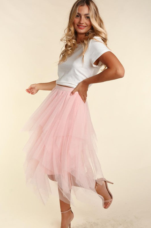 Fairy Asymmetric Tiered Tulle Midi Skirt