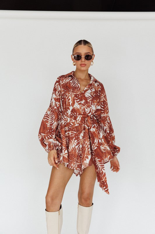 Auburn Tropical Leaves Puff Sleeve Romper