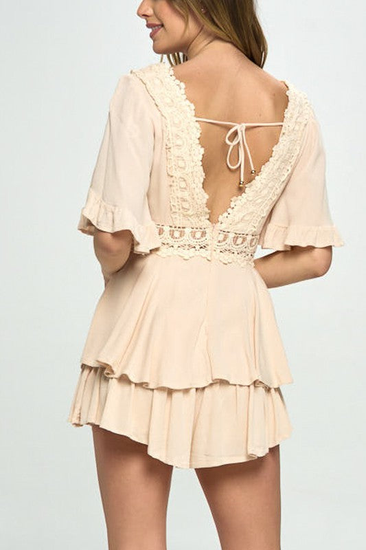 Romantic Flutter Sleeved Romper with Crochet Trim