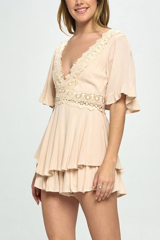 Romantic Flutter Sleeved Romper with Crochet Trim