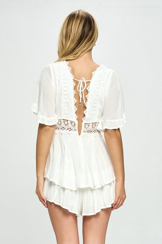 Romantic Flutter Sleeved Romper with Crochet Trim