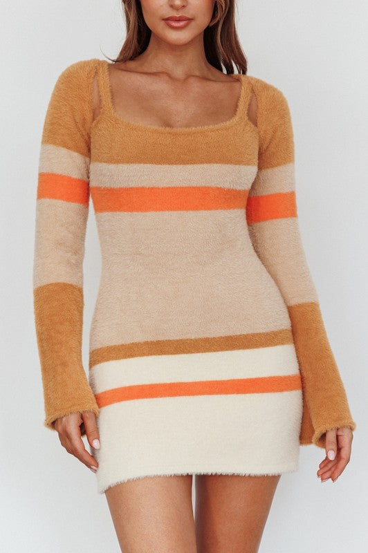 The One Fuzzy Knit Long Sleeved Multi Stripe Mini Dress