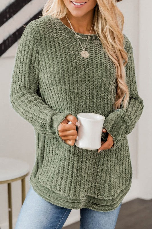 Olive Long Sleeve Round Hem Cable Knit Sweater