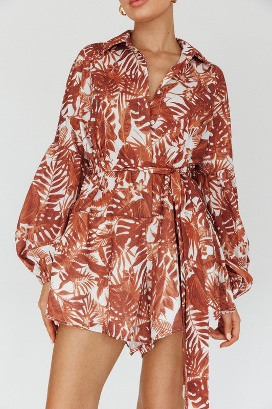 Auburn Tropical Leaves Puff Sleeve Romper